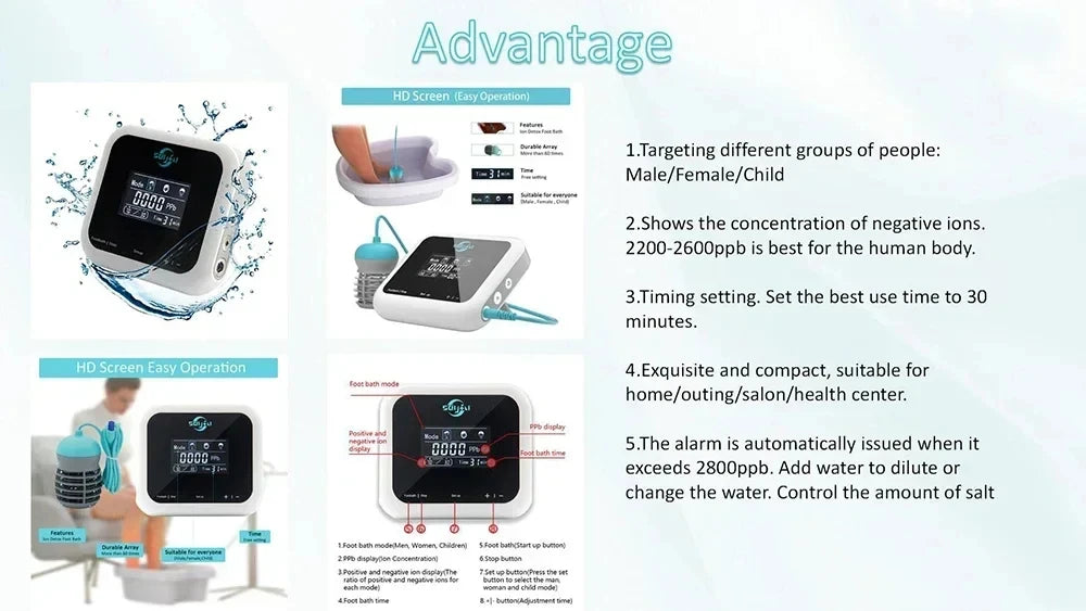 Ionic detox foot spa machine with HD screen, digital control, and array for home health therapy and cleansing bath.