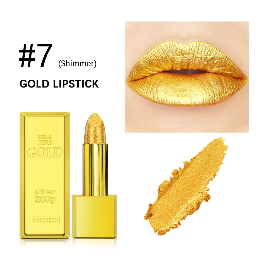 Long-lasting waterproof gold shimmer lipstick in a gold brick-shaped tube with a metallic glitter finish swatch.