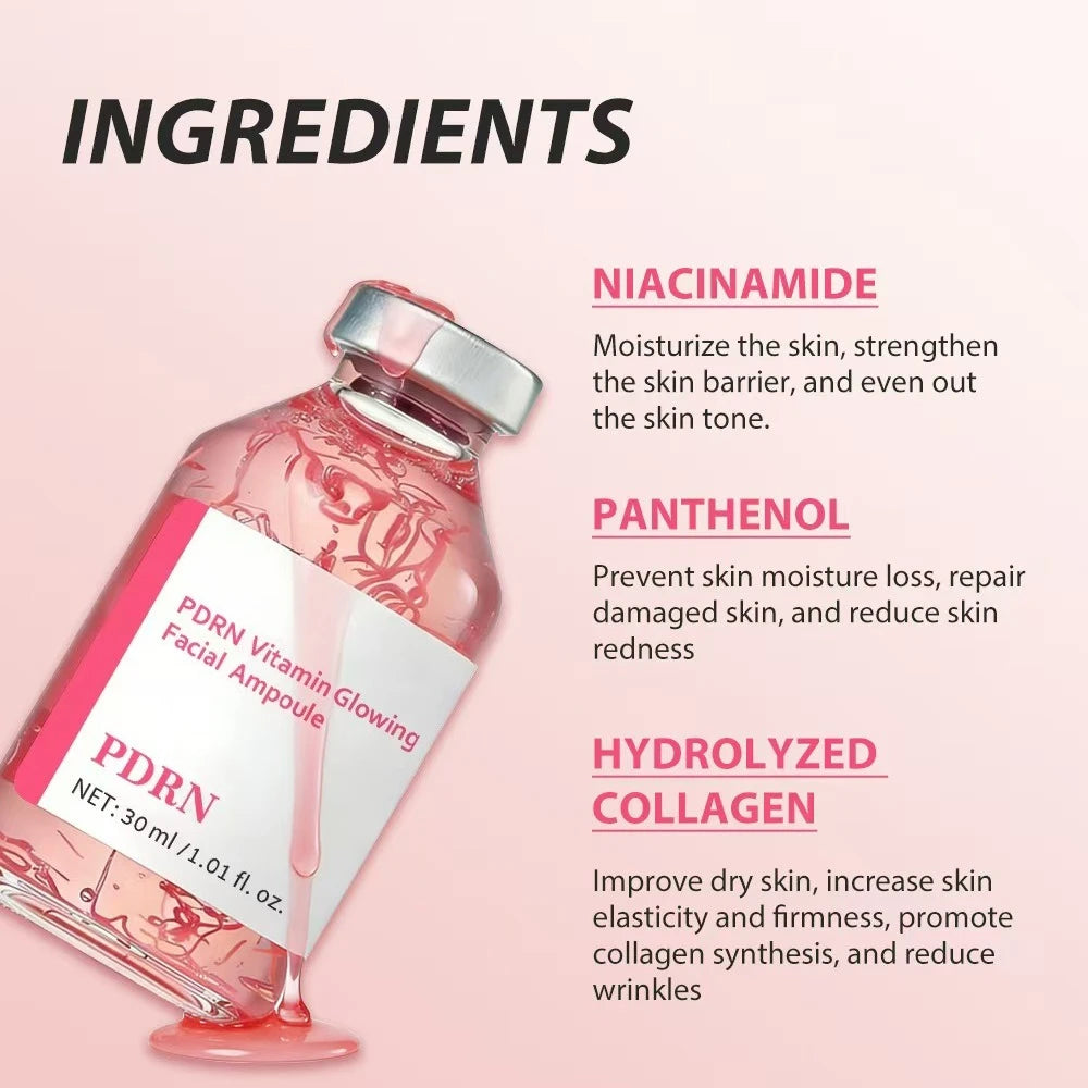 Tidesmit Deep Collagen Essence texture detail showing Pink PDRN peptide ampoule for brightening and moisturizing