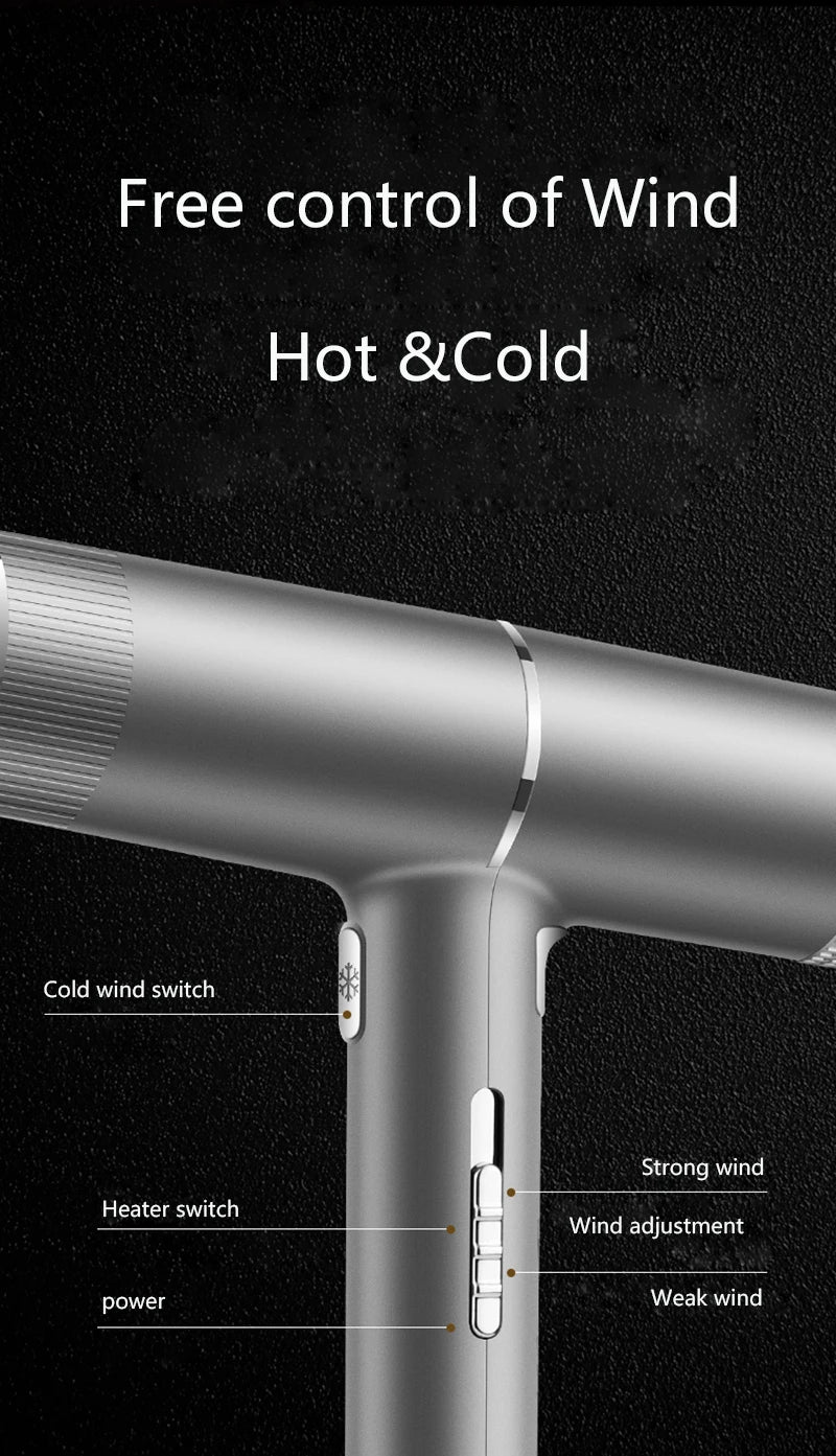 Silver leafless hair dryer with adjustable hot and cold settings, wind speed controls, and quick-dry technology.