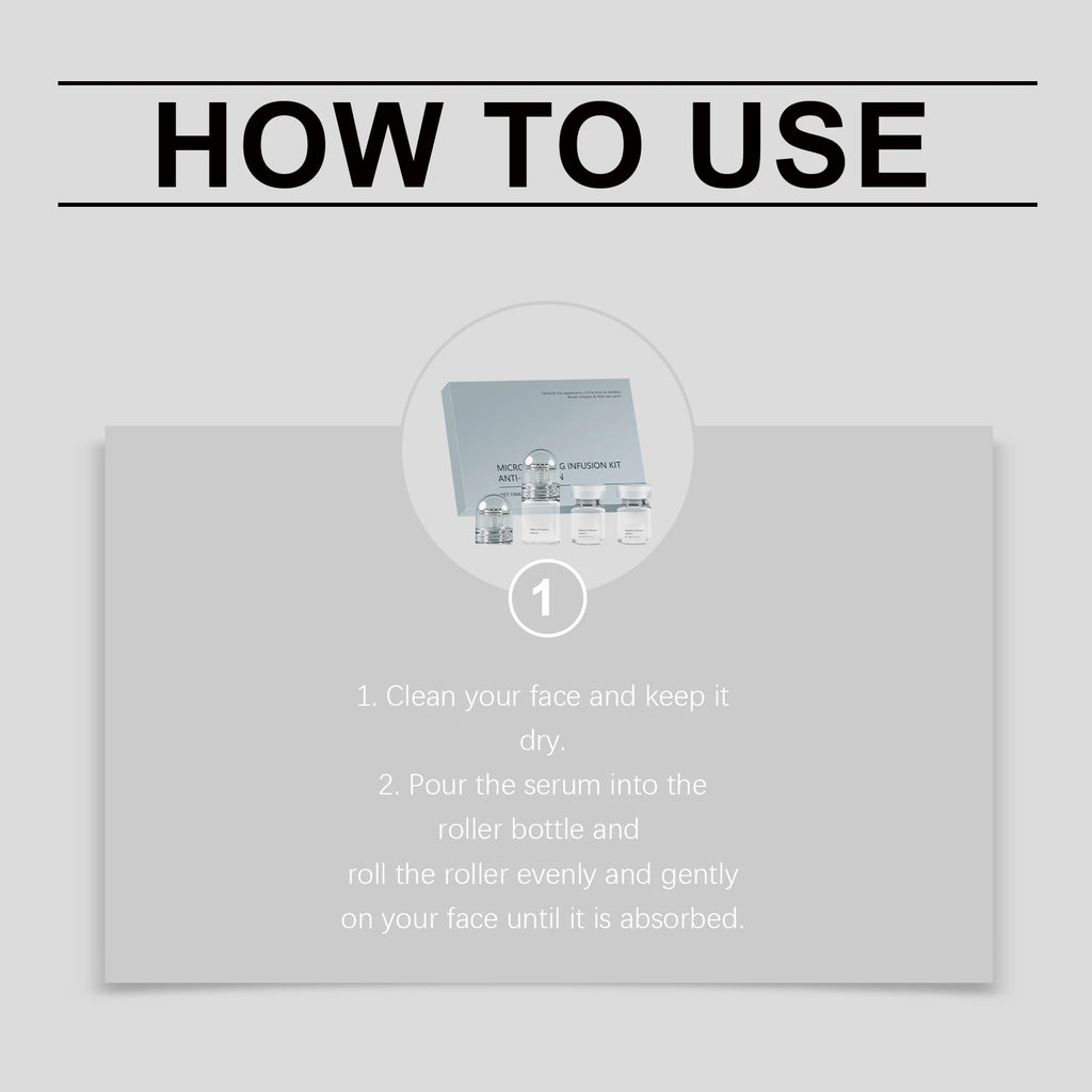 Instructional graphic showing a box and three clear glass serum vials for a Hyaluronic Acid anti-wrinkle kit.