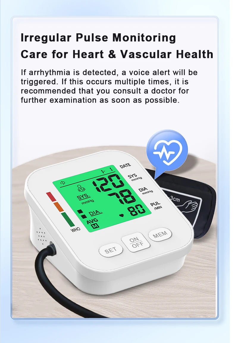 LCD Backlight Blood Pressure Test Kit Upper Arm BP Monitor Automatic Tonometer Digital Sphygmomanometer for Home Use Health Care