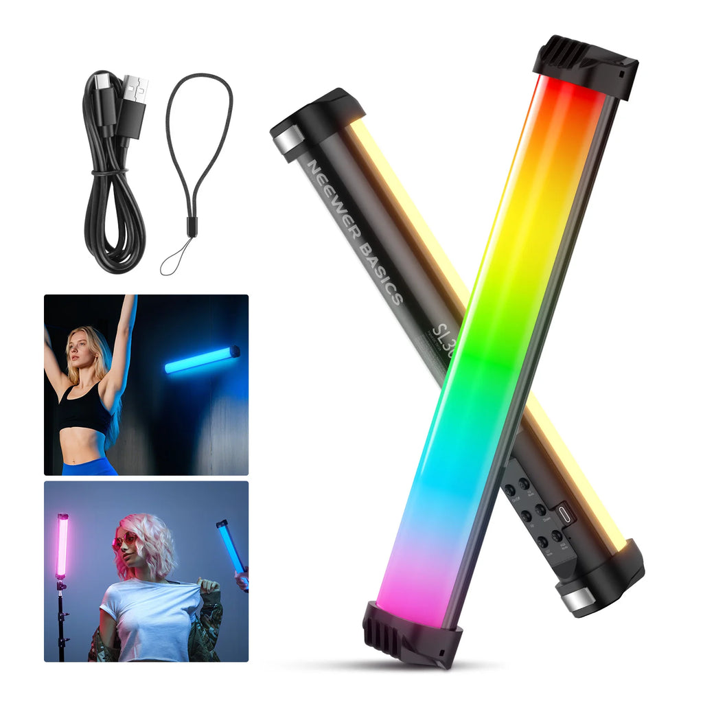 RGB LED light wand with charging cable and wrist strap for handheld photography and creative video lighting.