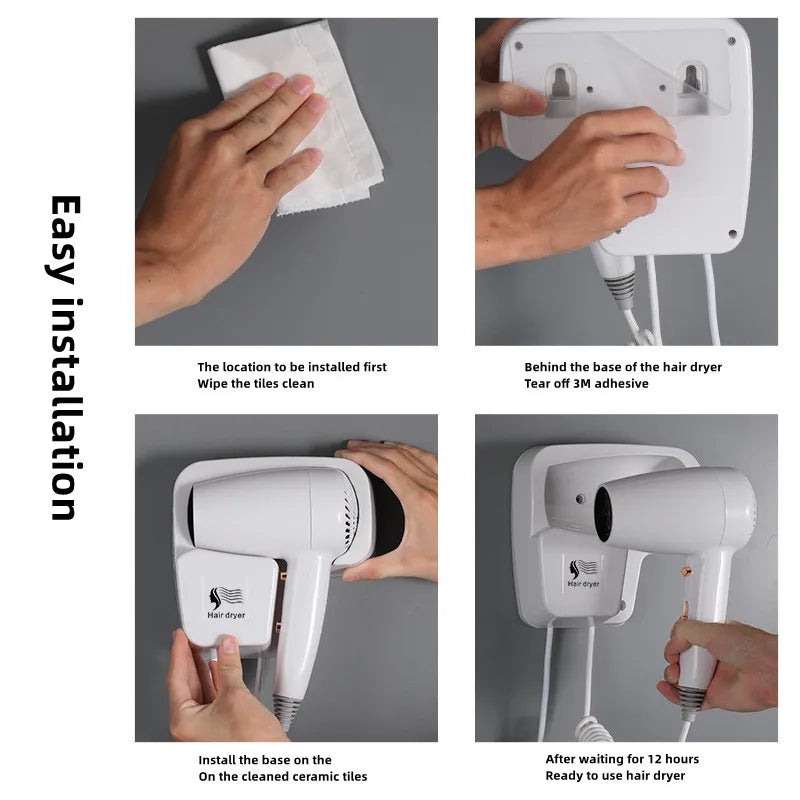 White 1300W wall-mounted hair dryer with easy non-perforated adhesive installation for bathrooms and hotels.