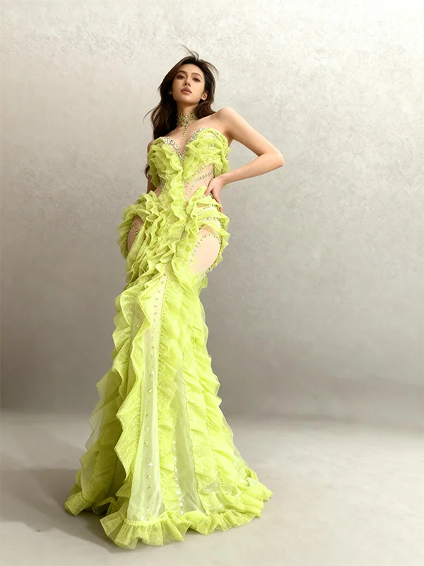 Elegant Sparkly Green Rhinestones Mesh Sheer Ruffle Maxi Dress Celebrate Eveing Birthday Party Nightclub Red Carpet Stage Wear