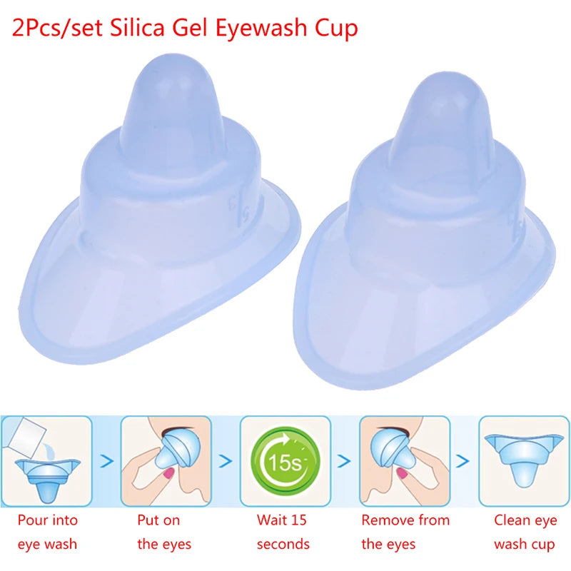 2 soft silicone eye wash cups for eye cleaning. Reusable medical-grade eye bath cups in light blue for home use.