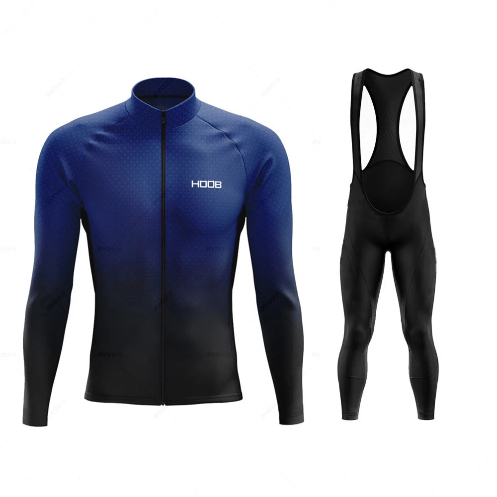 Tidesmit thermal cycling set featuring a long-sleeve blue-to-black gradient jersey and matching black bib leggings.