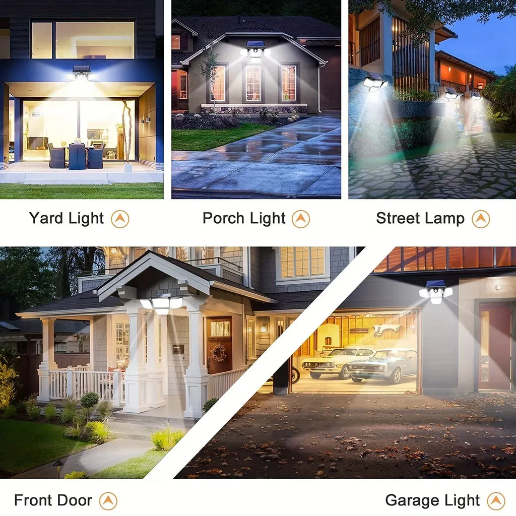 Black 4-head solar flood lamps mounted on outdoor walls, casting bright light on a yard, porch, and garage.