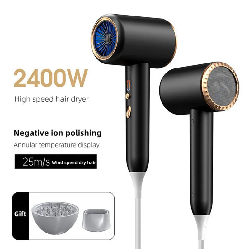 2400W high-speed black ionic hair dryer with gold accents, blue light technology, and magnetic styling attachments.