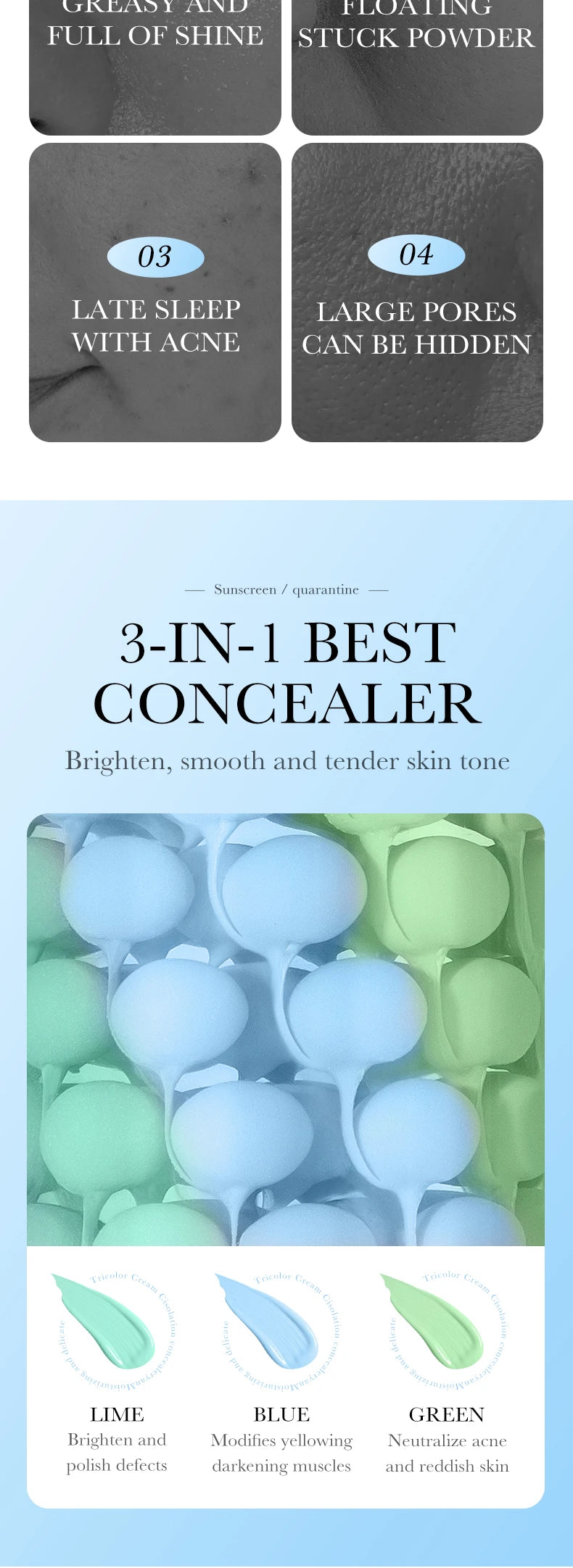 Tidesmit tri-color face makeup primer texture close-up showing waterproof color correcting cream and base formula