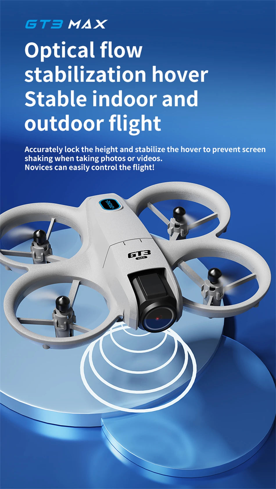 GT3 Max gray quadcopter drone with protective rotor guards, front-facing camera, and optical flow stabilization.