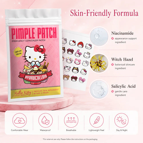Hello Kitty hydrogel pimple patch pouch with skin-friendly formula ingredient icons