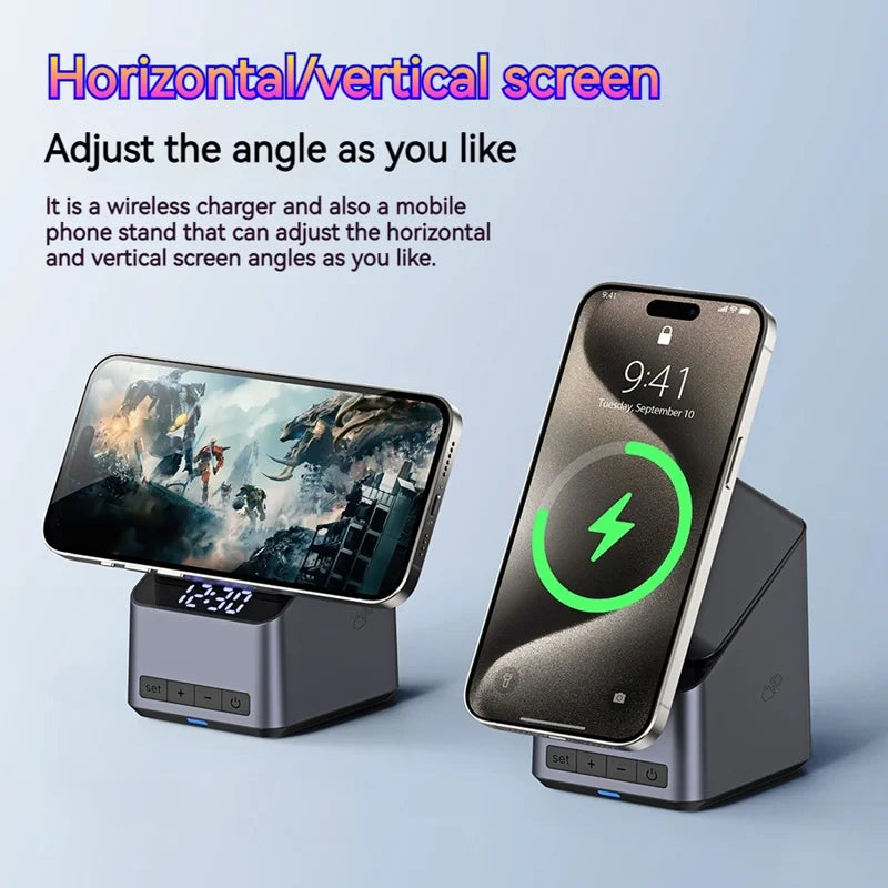 Adjustable rotating charging dock for phone viewing angles, with digital time display, gray