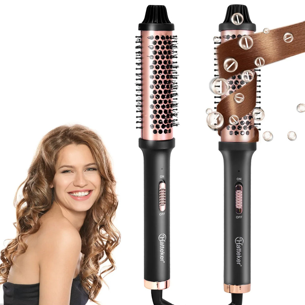 Hatteker rose gold electric curling brush styling tool for long and short hair with heat-resistant bristles and switch.