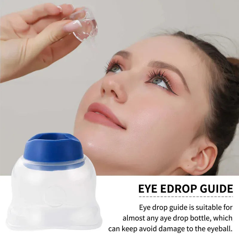 Clear, reusable eye drop guide tool with blue cap for precise application on eye drop bottles.