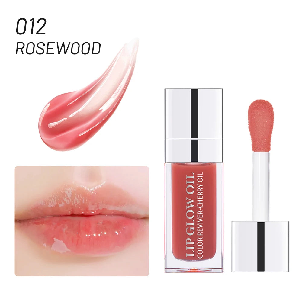 Rosewood tinted crystal jelly lip oil with high-shine, moisturizing finish for plump-looking lips.