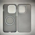 Two black carbon fiber-style phone cases with MagSafe magnetic rings and camera cutouts for smartphone protection.
