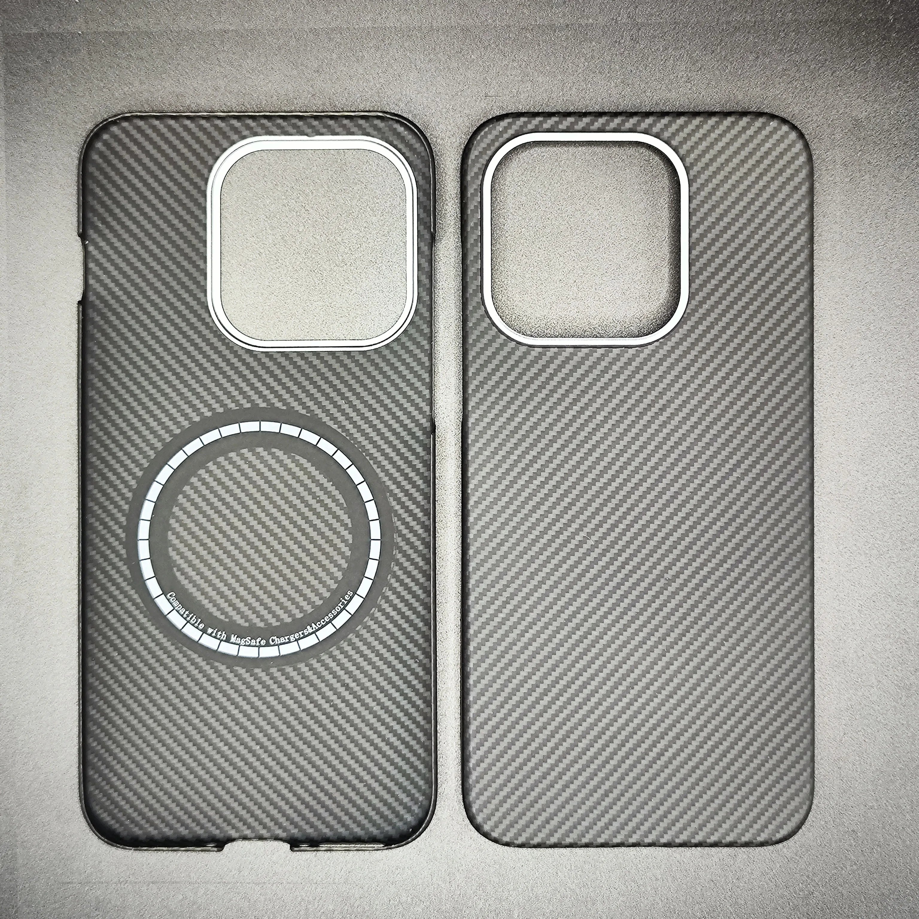 Two black carbon fiber-style phone cases with MagSafe magnetic rings and camera cutouts for smartphone protection.