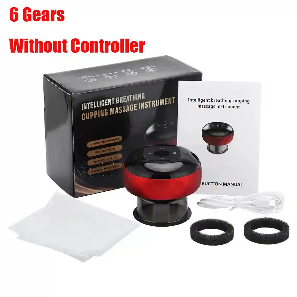 Red and black intelligent breathing cupping massager with six pressure gears, charging cable, and filter pads.