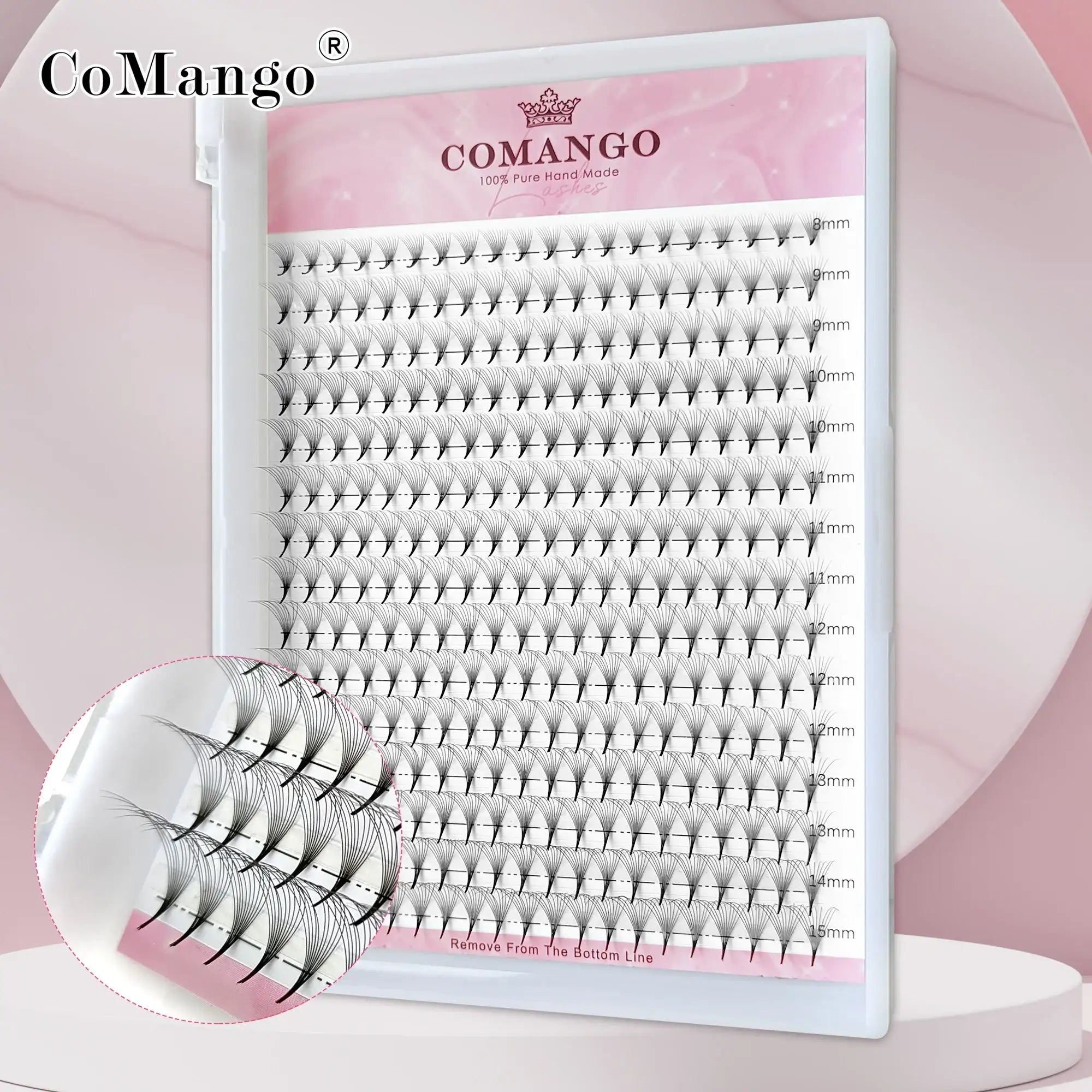 Tray of black pre-made lash fans in assorted lengths from 8mm to 15mm for professional eyelash extensions.