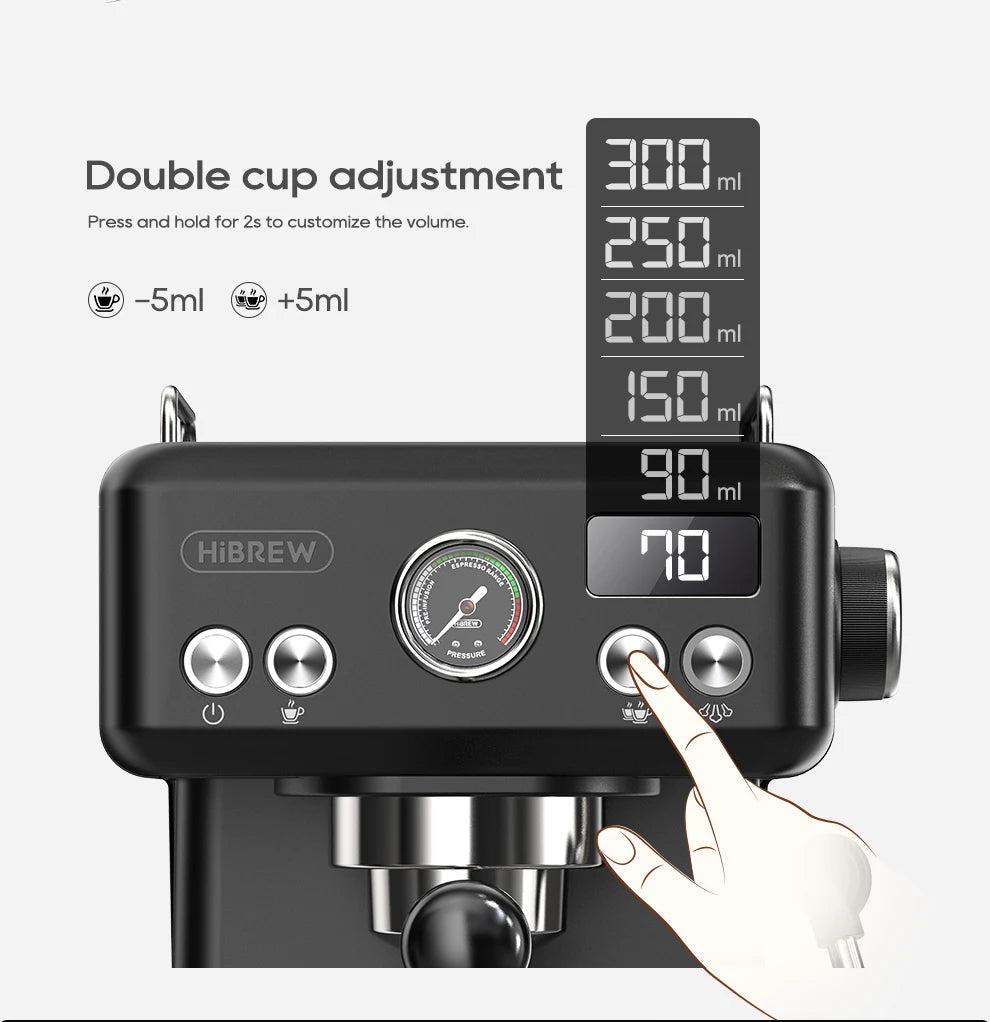 HiBrew espresso machine with black finish, pressure gauge, and digital volume adjustment display up to 300ml.