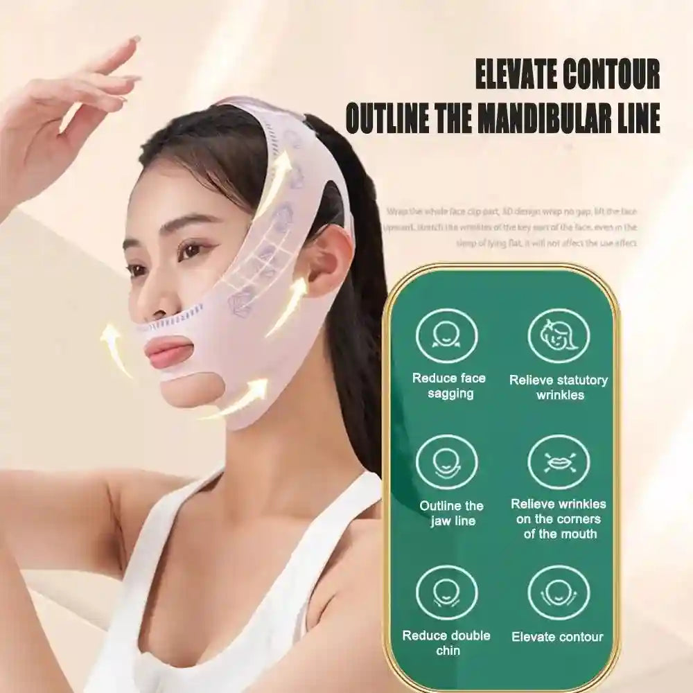 A woman wears a light pink, patterned face-lifting strap designed to tighten the chin and jawline.
