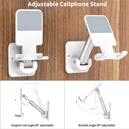 Tidesmit white plastic wall-mounted tablet stand with an adjustable stretchable arm attached to a wooden surface.