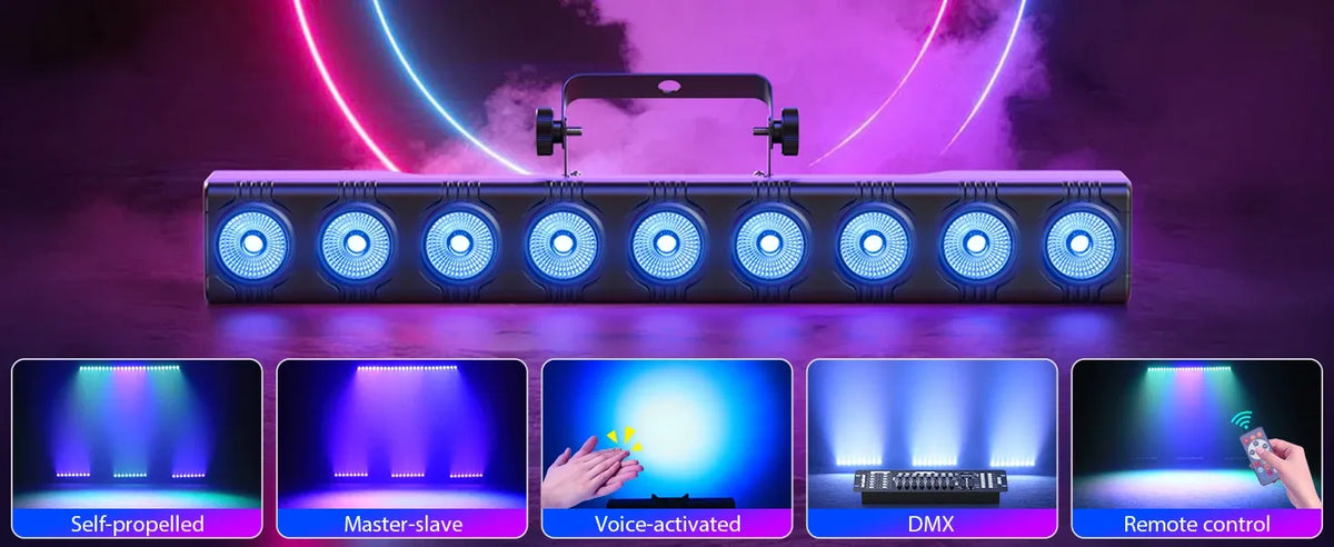 RGBW LED wall wash light bar overhead view with remote control modes shown below