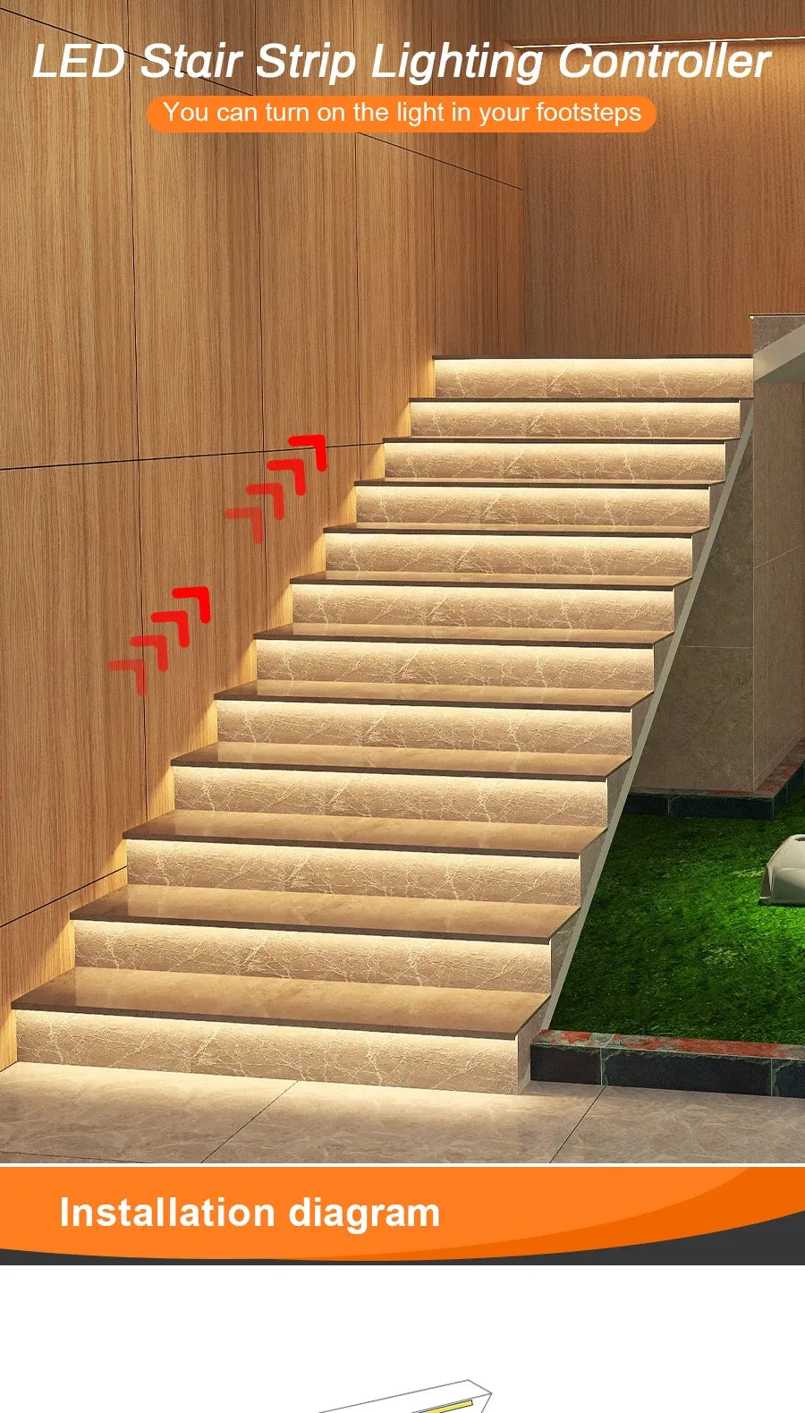 LED stair strip lighting installed on steps with visible motion indicator arrows