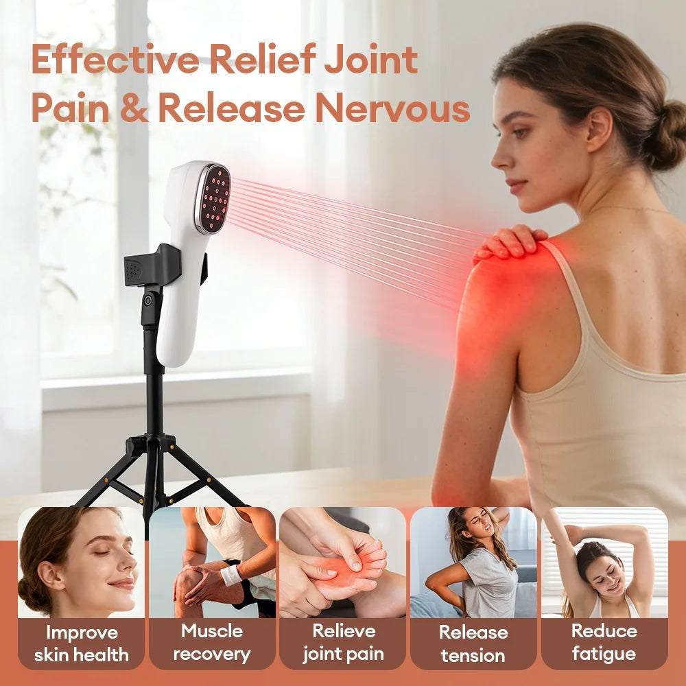 White handheld red light therapy device on a tripod, emitting light onto a woman's shoulder, with use-case thumbnails.
