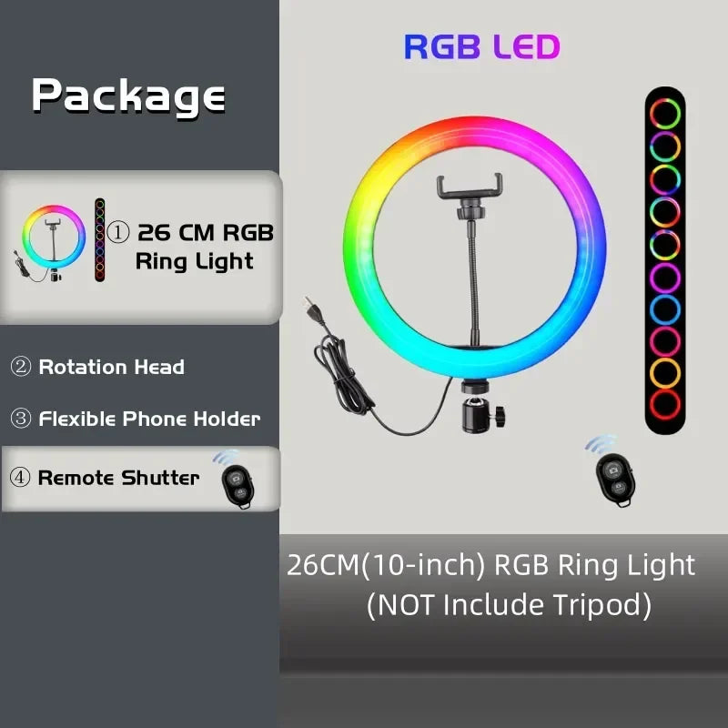 26cm RGB ring light with phone holder, rotation head, and remote shutter for photography and video lighting.