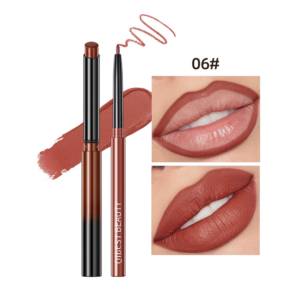 QIBEST matte nude lipstick and lip liner set in shade 06, featuring waterproof long-lasting color and lip application.