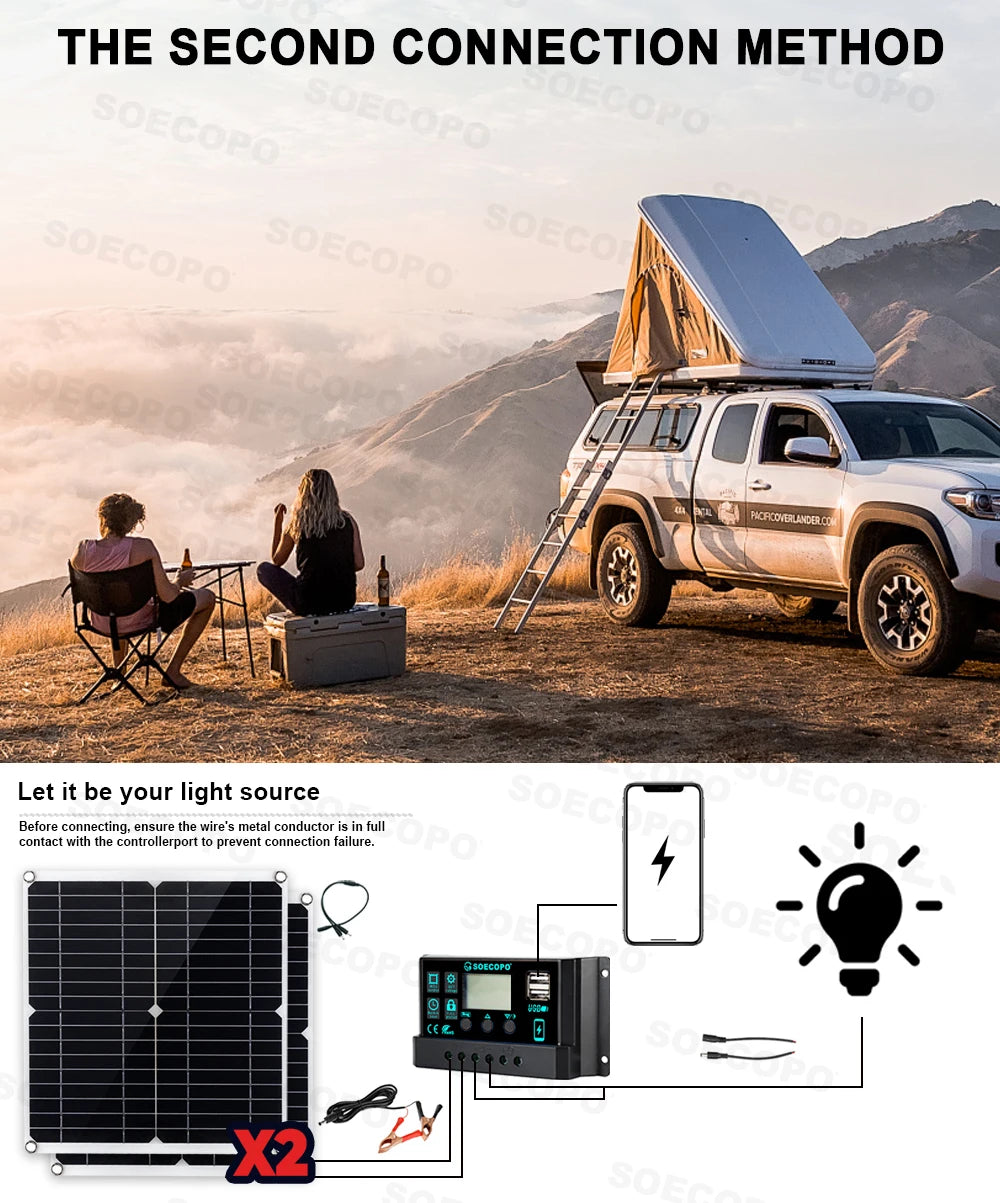 SOECOPO10000W Peak Solar System Kit 2x300W Solar Panels DC 12V 24V - AC 110V/220V Inverter 100A Controller for Home Camping