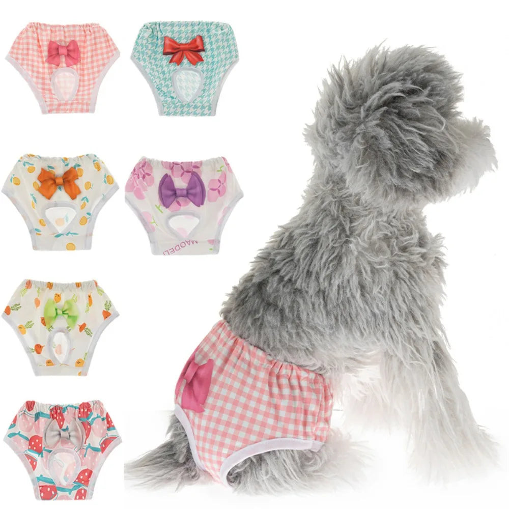 Washable reusable dog diapers for small pets, assorted patterned sanitary panties for female dog heat or incontinence.