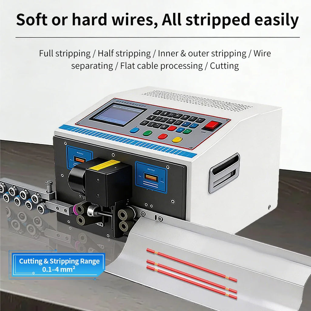 Front view of wire stripping and cutting machine with keypad control and cable stripping rollers