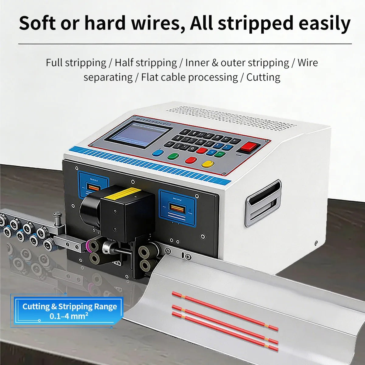 Front view of wire stripping and cutting machine with keypad control and cable stripping rollers