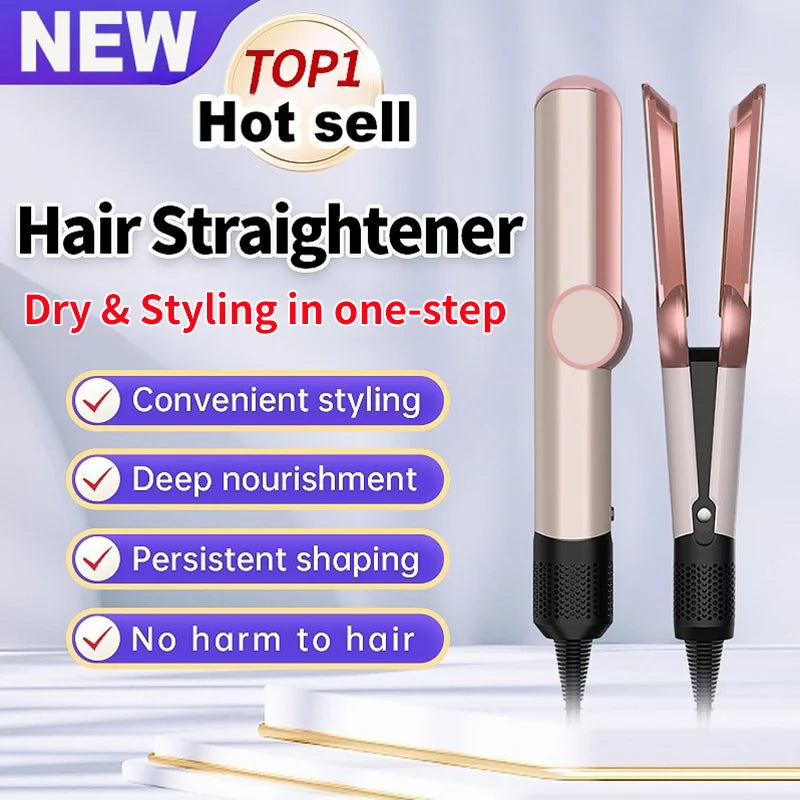 Rose gold and beige 2-in-1 hair straightener and dryer for professional one-step styling and negative ion hair care.
