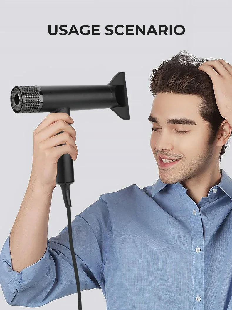 Man using professional black VGR BLDC hair dryer with nozzle attachment for fast, salon-quality styling at home.