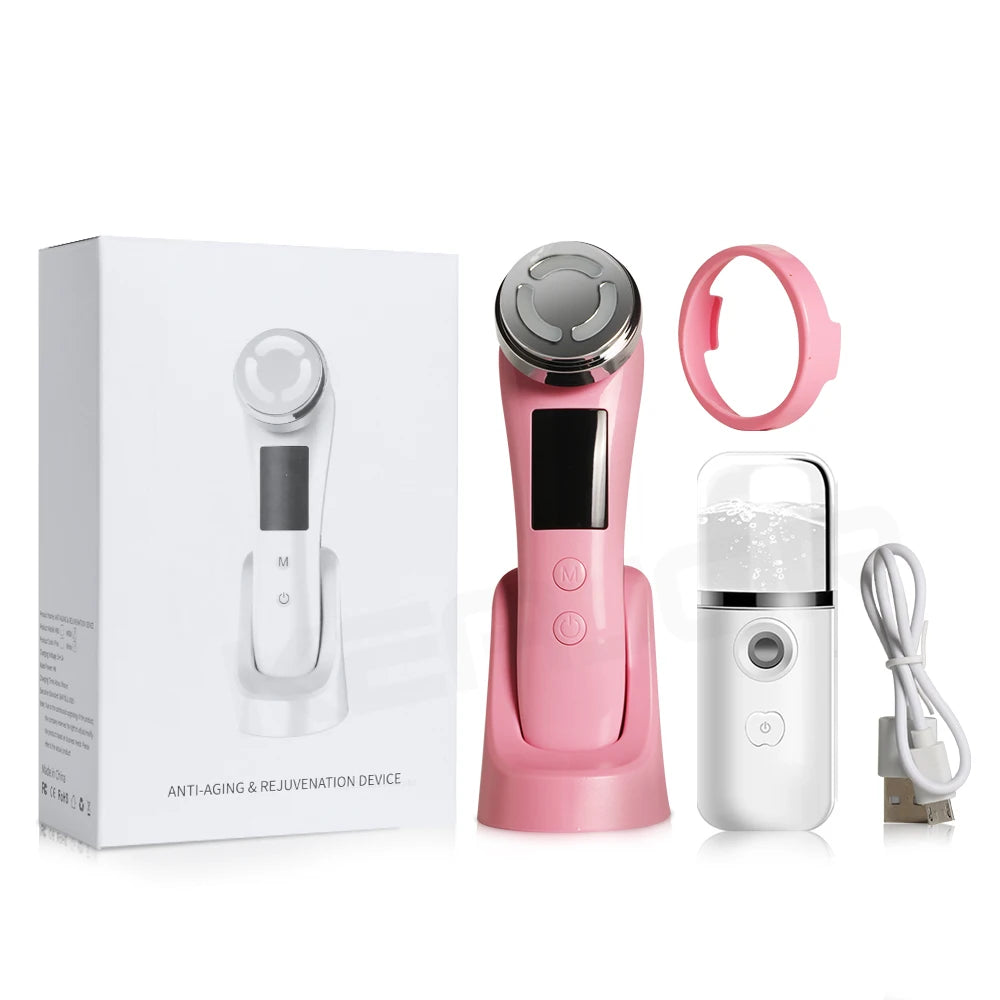 Pink RF facial massager with stand, a portable facial mister, charging cable, and its branded white product box.