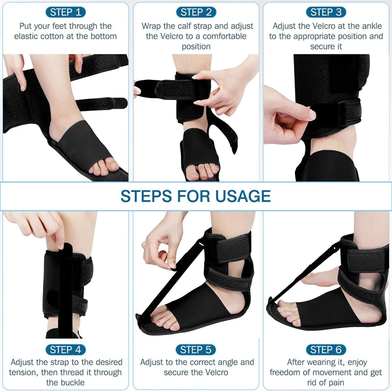 Instructional guide for black plantar fasciitis night splint with adjustable velcro straps for heel and ankle support.