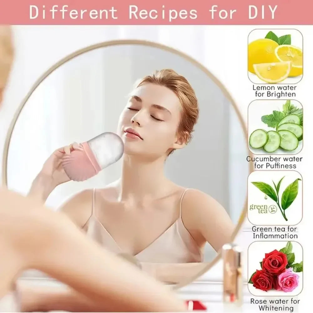 A woman uses a pink silicone ice face roller on her jawline. Sidebar shows DIY recipes: lemon, cucumber, tea, and rose.