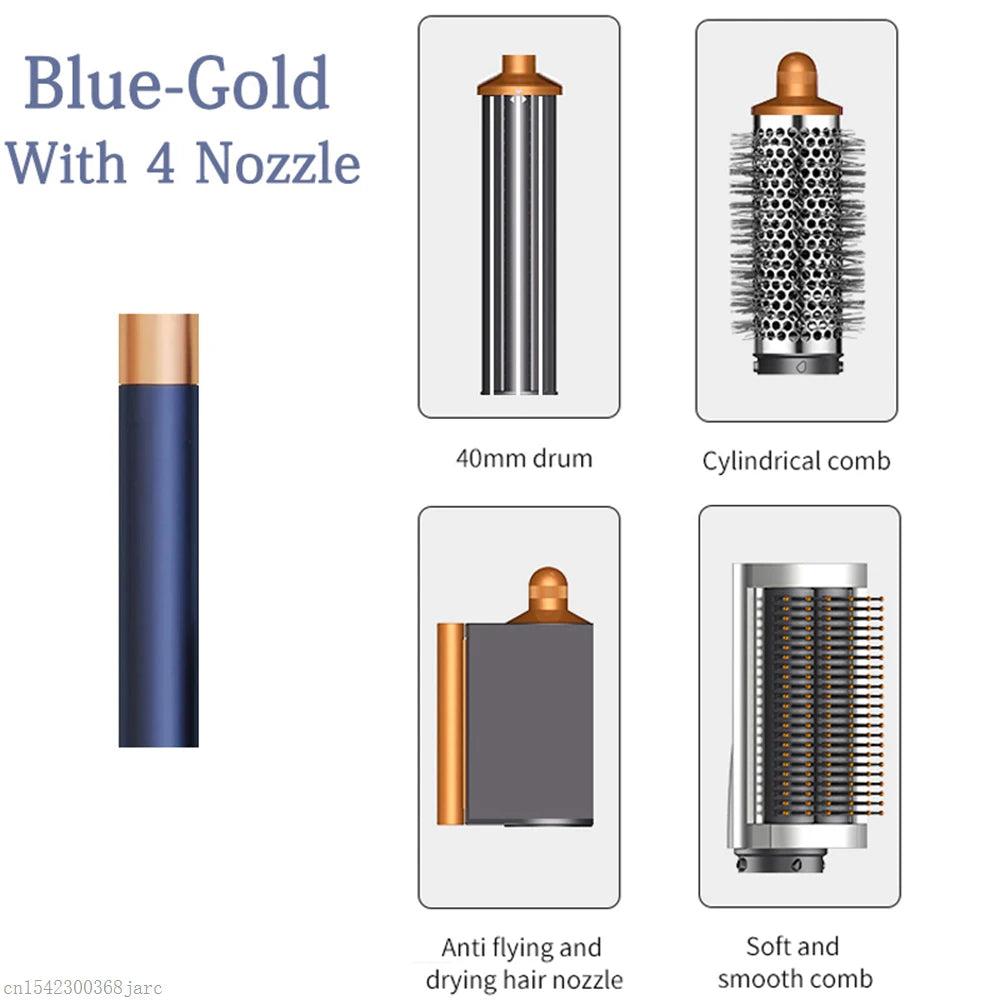 SenCiciMen X9 blue-gold multi hair styler set with 4 attachments: curling barrel, dryer, and volume brush heads.