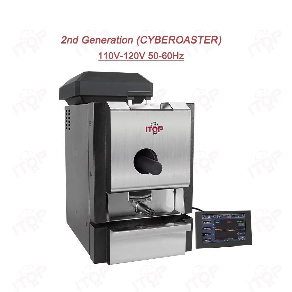 ITOP 2nd Gen Cyberoaster coffee bean roaster in stainless steel and black with touchscreen digital controls.