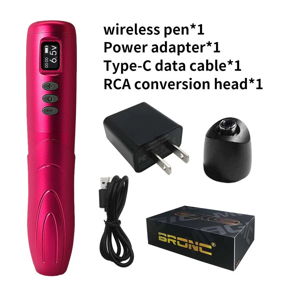 Magenta wireless tattoo pen kit with power adapter, Type-C cable, RCA converter, and branded box.