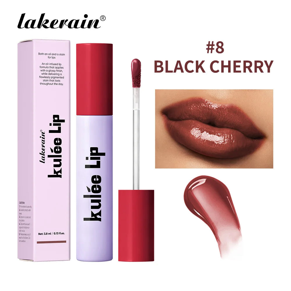 Lakerain Kulfée Lip Oil in Black Cherry: moisturizing, non-sticky glossy lip stain with a smooth, pigmented finish.