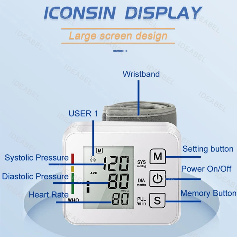 Smart LCD Screen English Voice Broadcast Wrist Blood Pressure Monitor Digital Automatic BP Tonometer Heart Rate Sphygmomanometer