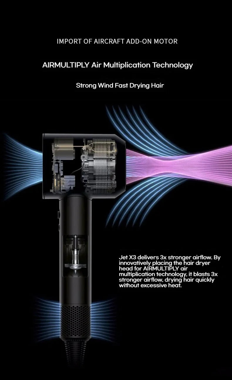 Black high-speed bladeless hair dryer with negative ion tech and powerful motor for fast, salon-quality hair drying.