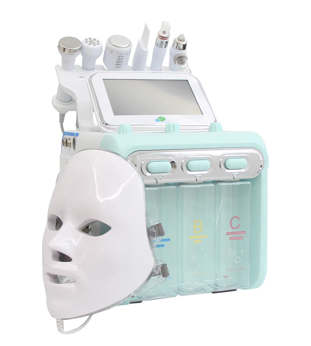 AOKO 7-in-1 aqua dermabrasion facial machine with LED light therapy mask, skincare probes, and solution tanks.