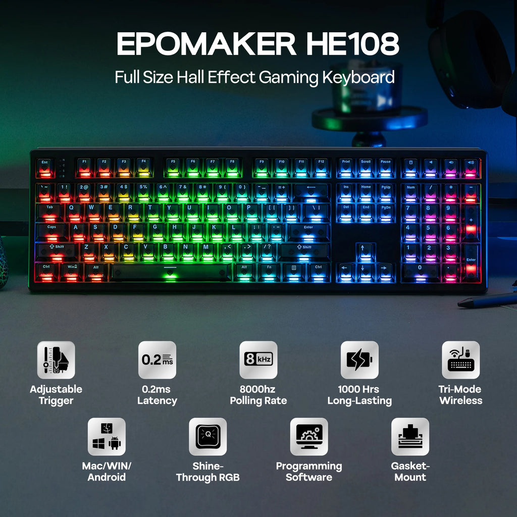 EPOMAKER HE108 100% ANSI US QWERTY Layout Wired/BT/2.4Ghz Wireless Hall Effect Mechanical Keyboard with SOCD/DKS & Rapid Trigger