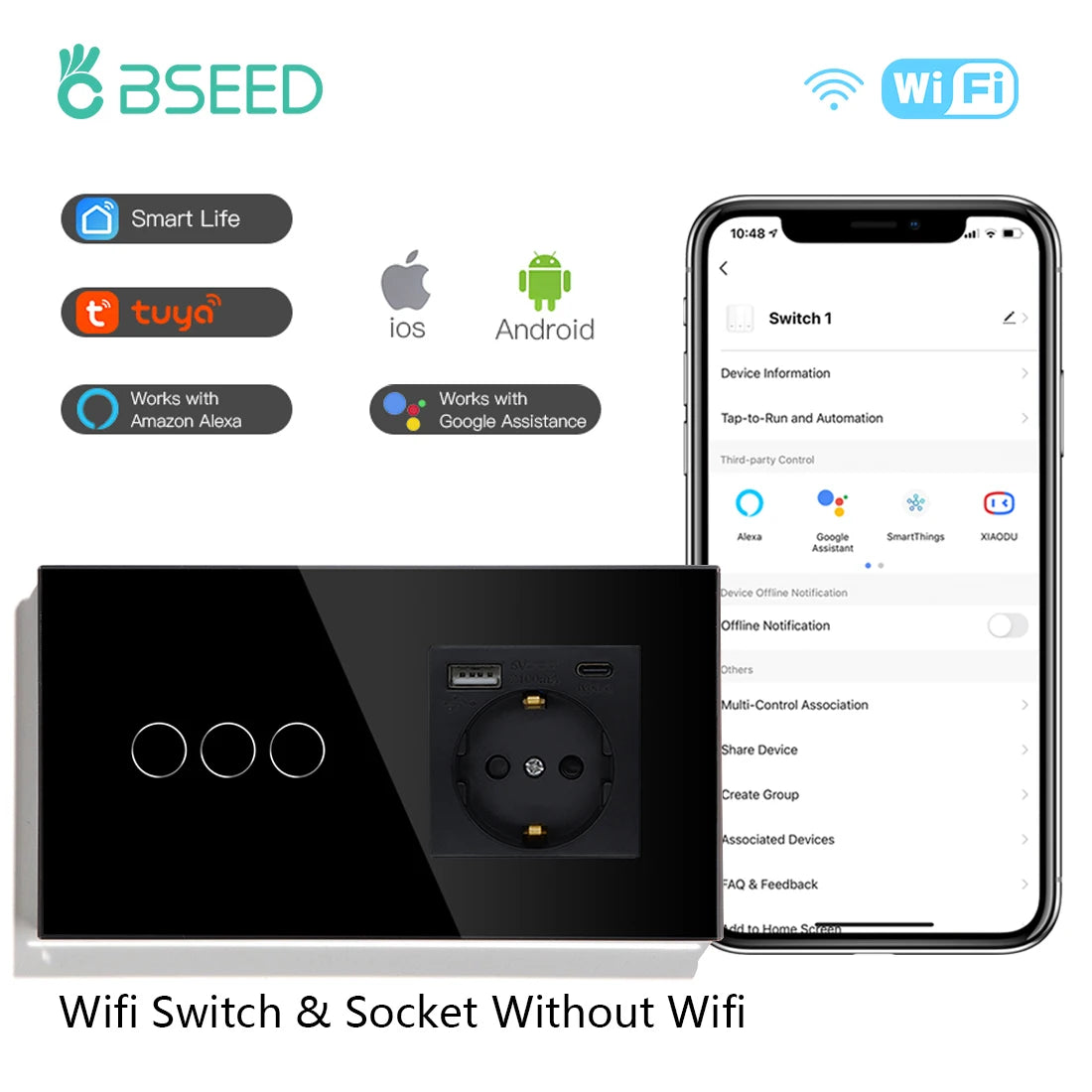 Wifi Smart Light Switch | 1-3 Gang Touch Control | Alexa & Google Compatible 3Gang Type-C Socekt EU standard Tidesmit